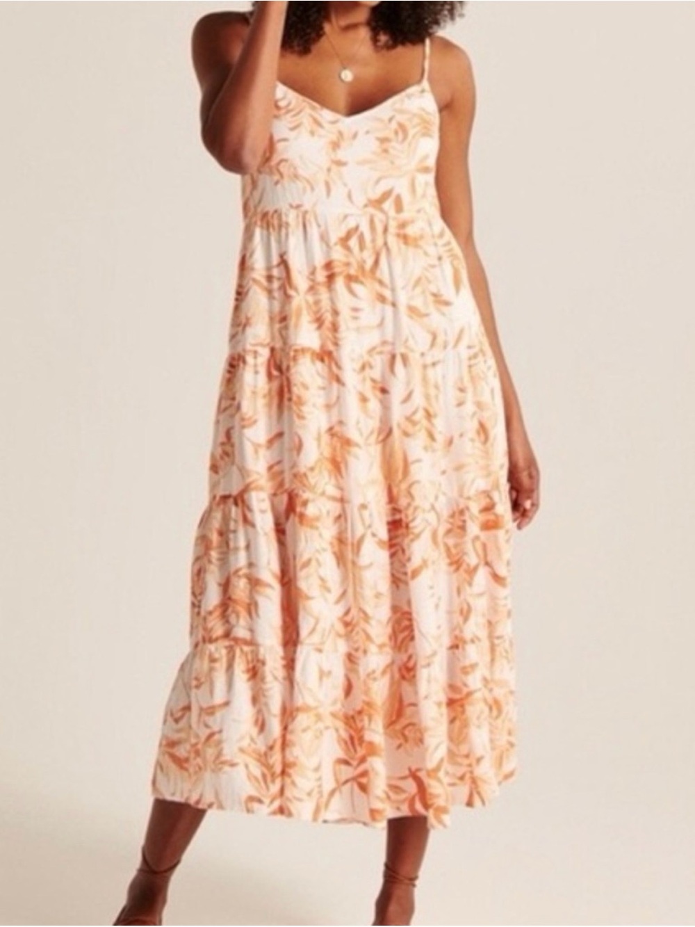 Abercrombie & Fitch Peach Leaf Print Tiered Maxi Dress